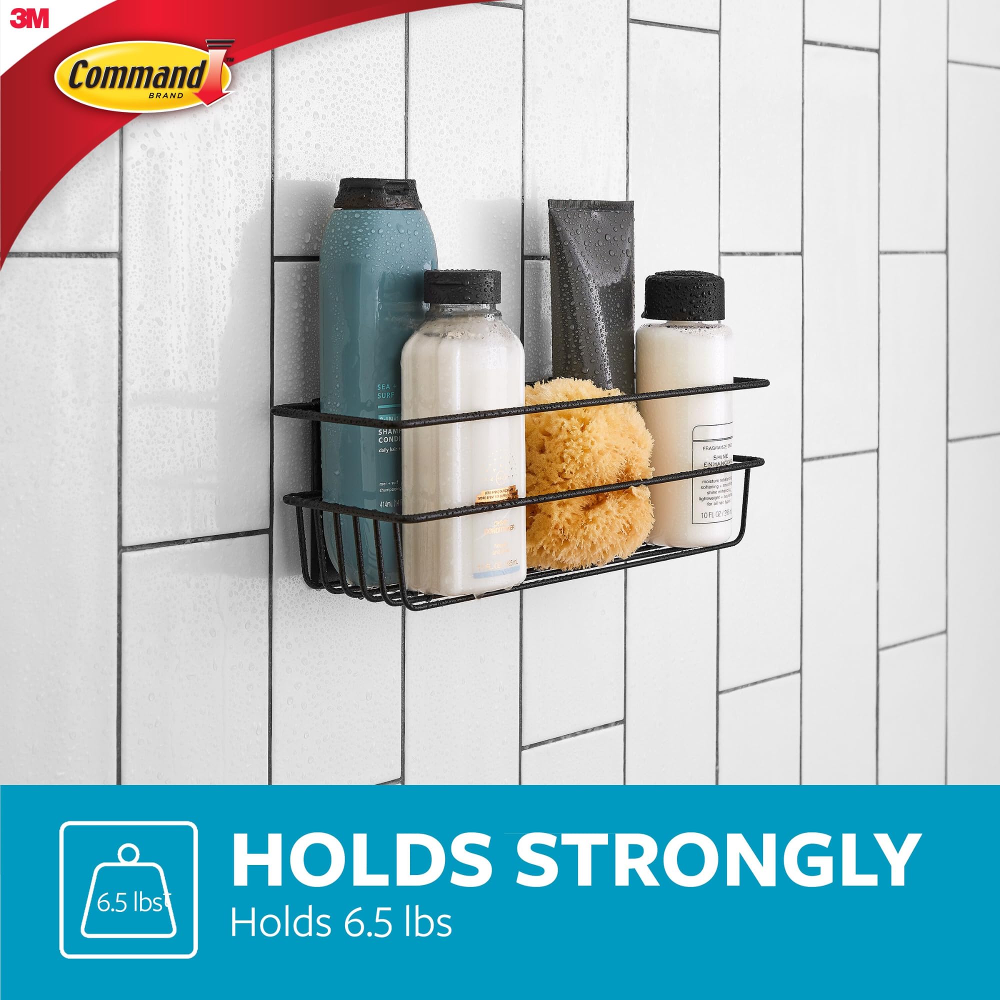 Command Shower Caddy Matte Black With Water Resistant Command Strips, Bathroom Organizer, Holds Up To 6.5 Lbs, 1 Count (Pack Of